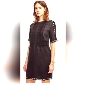 💐 NWT Ann Taylor Womens Black Linen Crochet Trim Shift Dress Size M Casual